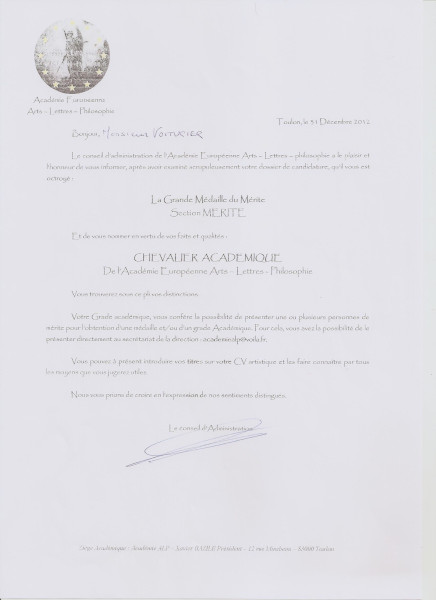Distinction Académie Européenne Arts Lettres et Philosophie 2012